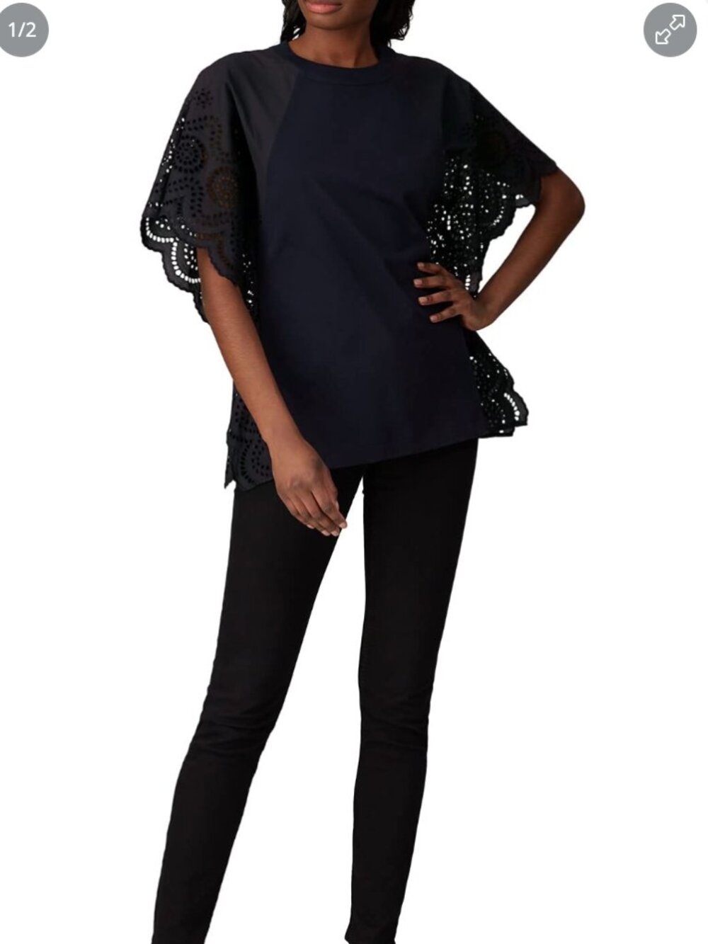 NEW Cedric Charlier 100% Cotton Multi Eyelet Top, Dark Blue, 40 EU, L/XL US